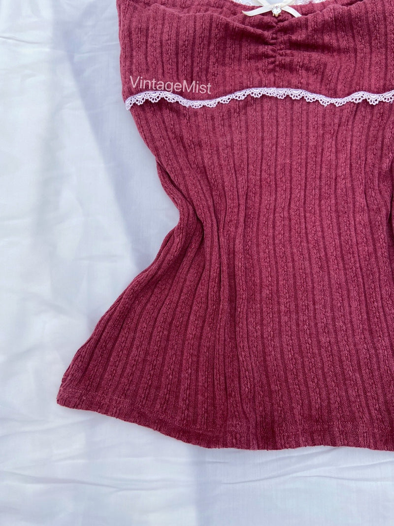 Lace Trim Bow Ribbed Tube Top - Wine Red | VintageMist