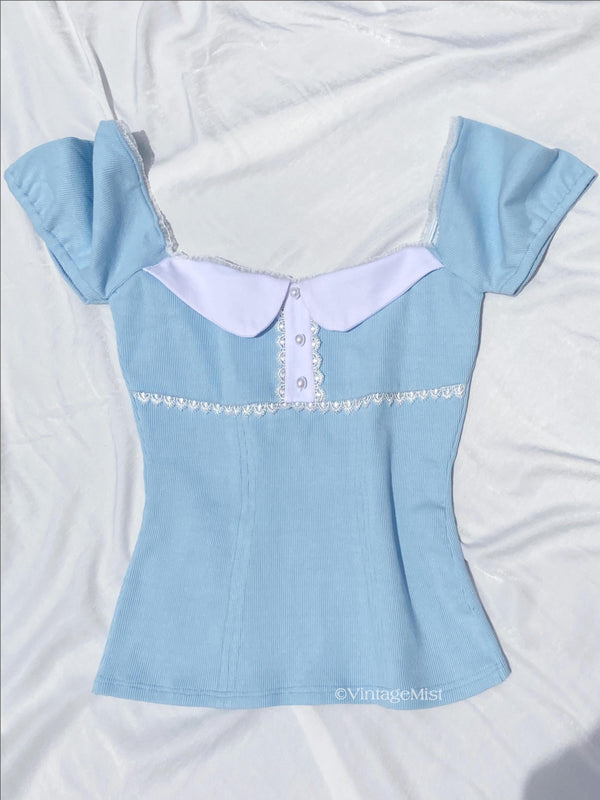 Dollette-Collar-Buttoned-Lace-Puff-Sleeve-Ribbed-Top-Sky-Blue-Cute-Summer-Outfits-VintageMist