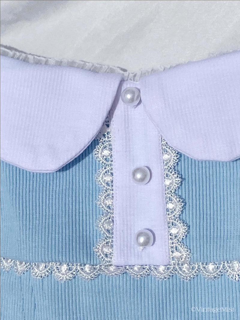 Dollette-Collar-Buttoned-Lace-Puff-Sleeve-Ribbed-Top-Sky-Blue-Cute-Summer-Outfits-VintageMist