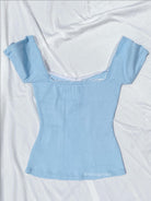 Dollette-Collar-Buttoned-Lace-Puff-Sleeve-Ribbed-Top-Sky-Blue-Cute-Summer-Outfits-VintageMist