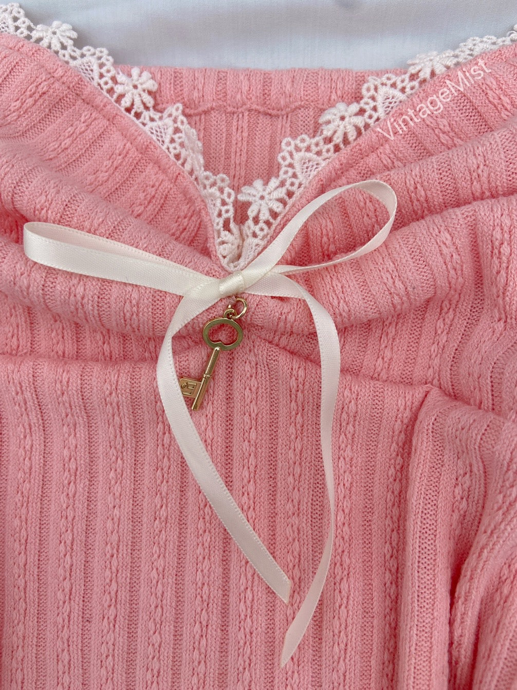Dollette Lace Trimmed  Cotton Ribbed Bow Tube Top - Pink | VintageMist