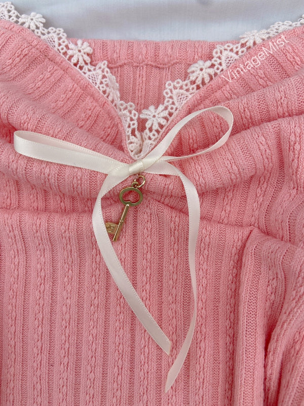 Dollette Lace Trimmed  Cotton Ribbed Bow Tube Top - Pink | VintageMist