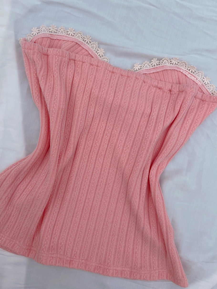 Dollette Lace Trimmed  Cotton Ribbed Bow Tube Top - Pink | VintageMist