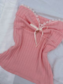 Dollette Lace Trimmed  Cotton Ribbed Bow Tube Top - Pink | VintageMist