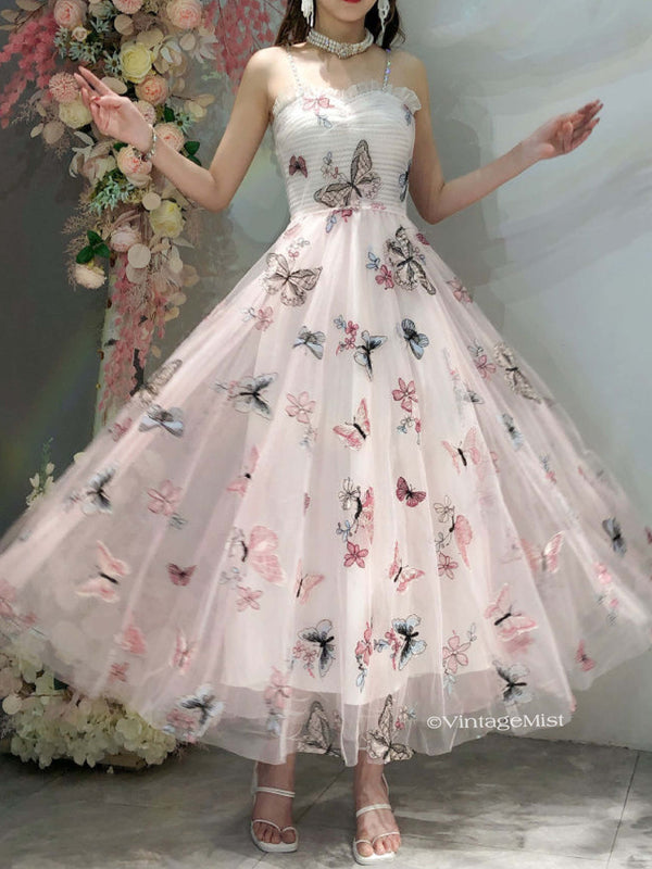 Embroidered Butterfly Floral Mesh Strap Dress Pink VintageMist