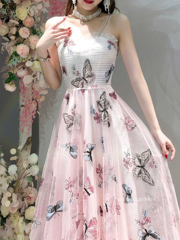 Embroidered Butterfly Floral Mesh Strap Dress Pink VintageMist