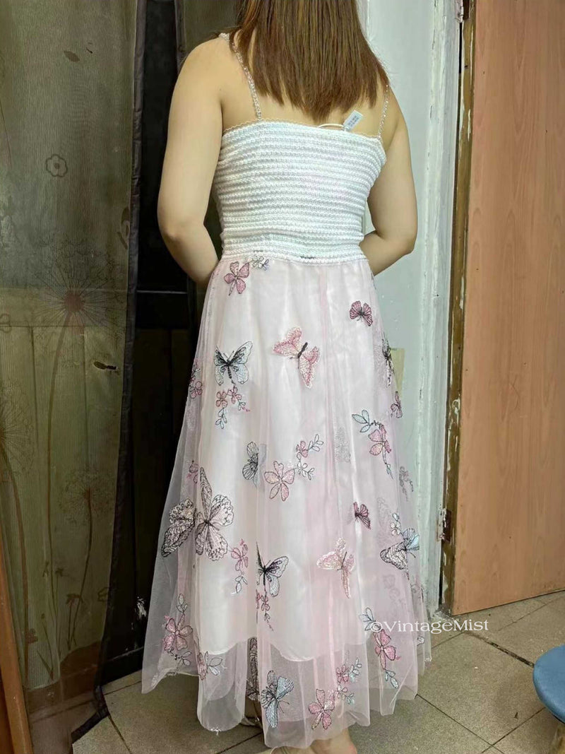Embroidered Butterfly Floral Mesh Strap Dress Pink VintageMist (4)