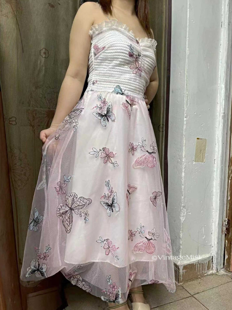 Embroidered Butterfly Floral Mesh Strap Dress Pink VintageMist (5)