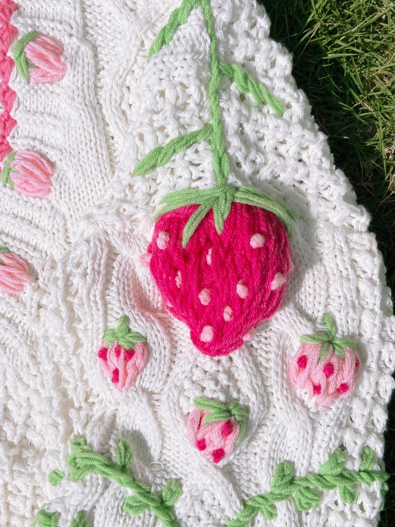 Fairycore Strawberry Hand Embroidery Cardigan Sweater - White | VintageMist_