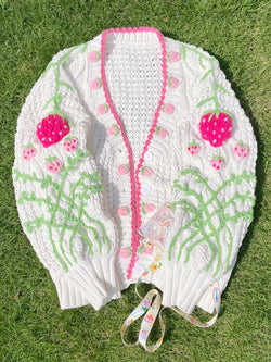 Fairycore Strawberry Hand Embroidery Cardigan Sweater - White | VintageMist