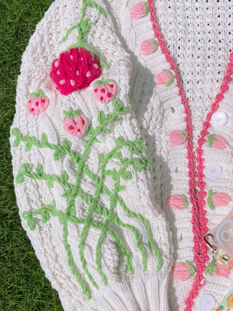 Fairycore Strawberry Hand Embroidery Cardigan Sweater - White | VintageMist_