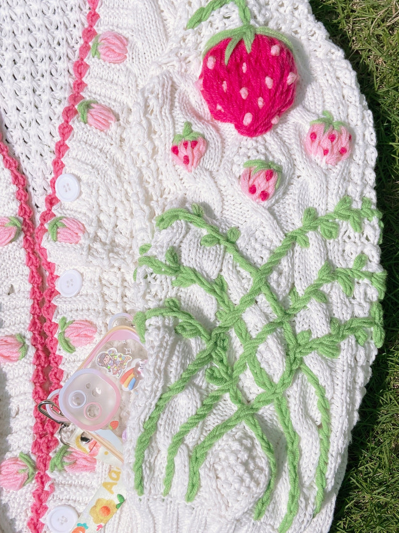 Fairycore Strawberry Hand Embroidery Cardigan Sweater - White | VintageMist_