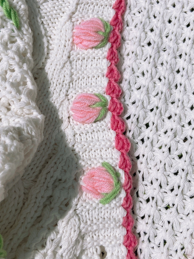 Fairycore Strawberry Hand Embroidery Cardigan Sweater - White | VintageMist_