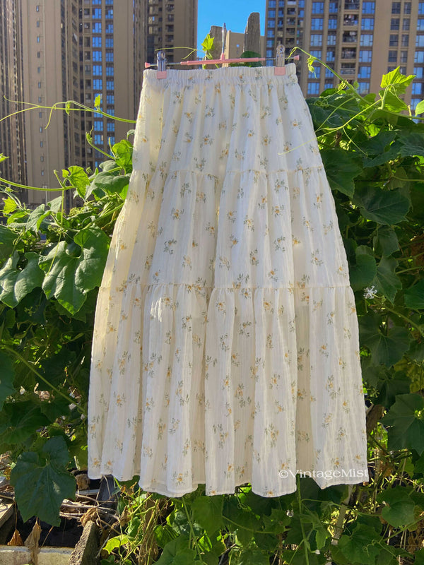 Floral Pleated Elastic Waist Skirt - Cream | VintageMist