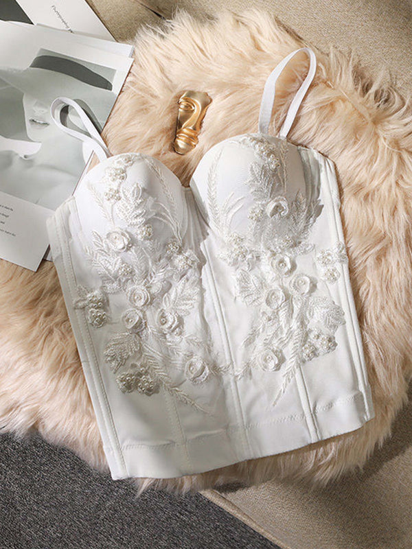 Floral Embroidered Corset Top - White | VintageMist