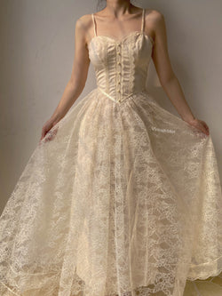 Floral Lace Strap Corset Dress - Beige | VintageMist