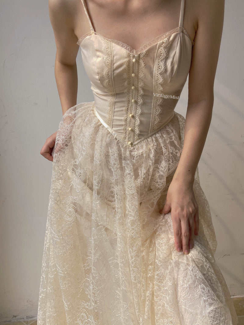 Floral Lace Strap Corset Dress - Beige | VintageMist