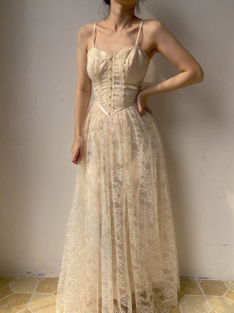 Floral Lace Strap Corset Dress - Beige | VintageMist