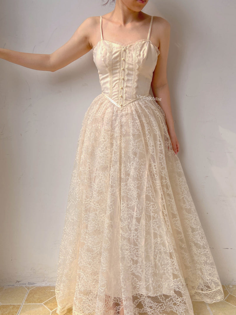 Floral Lace Strap Corset Dress - Beige | VintageMist