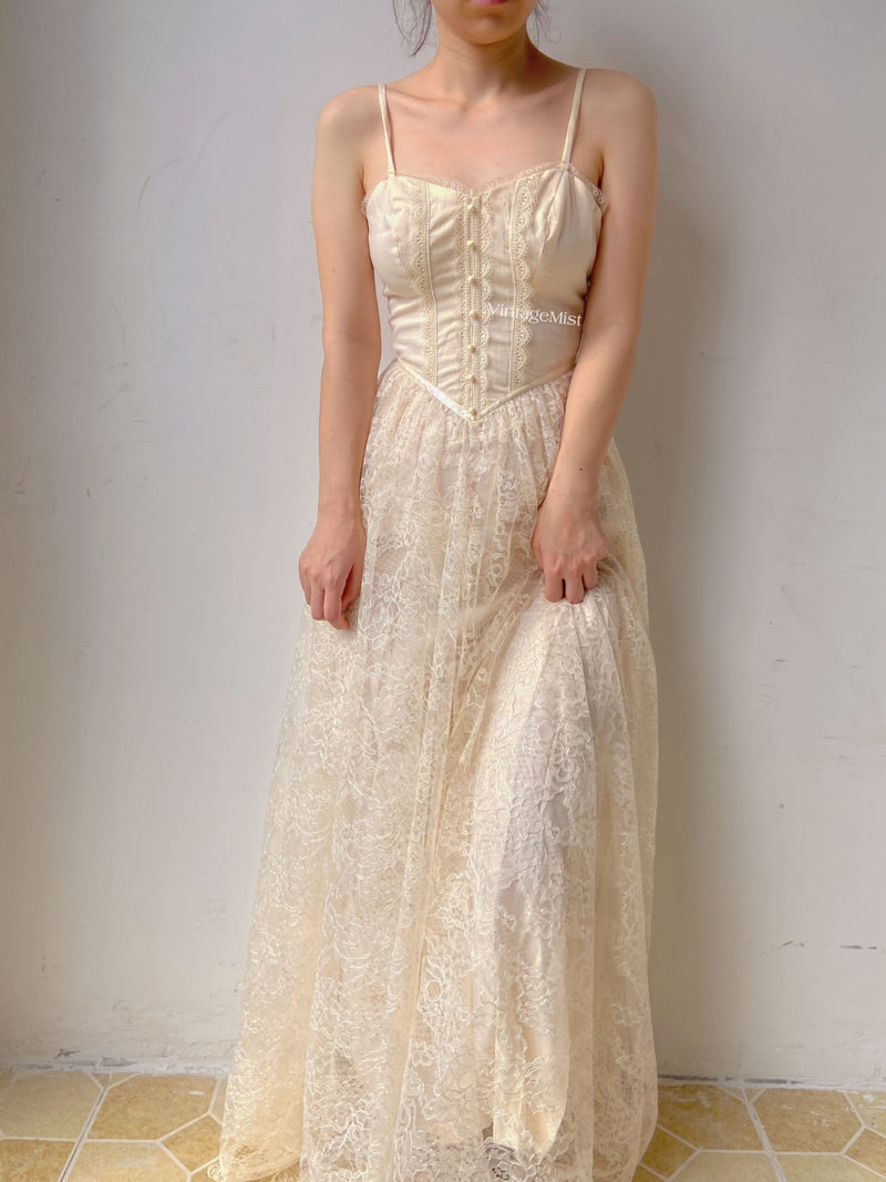 Floral Lace Strap Corset Dress - Beige | VintageMist