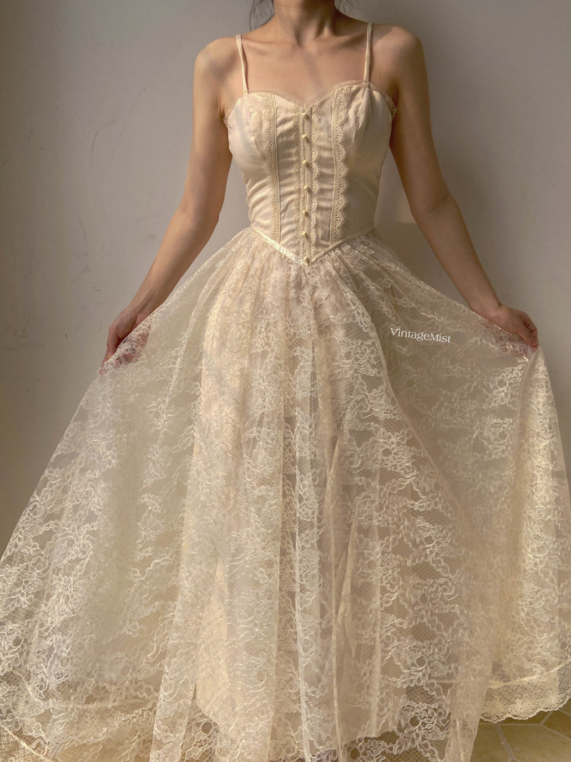 Floral Lace Strap Corset Dress - Beige | VintageMist