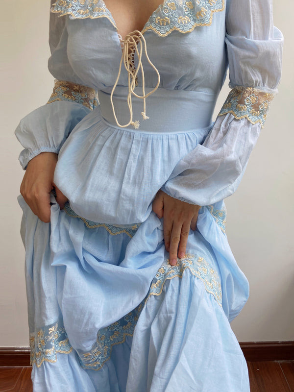 Flowy Blue Lace Ruffles Maxi Dress - Blue | VintageMist