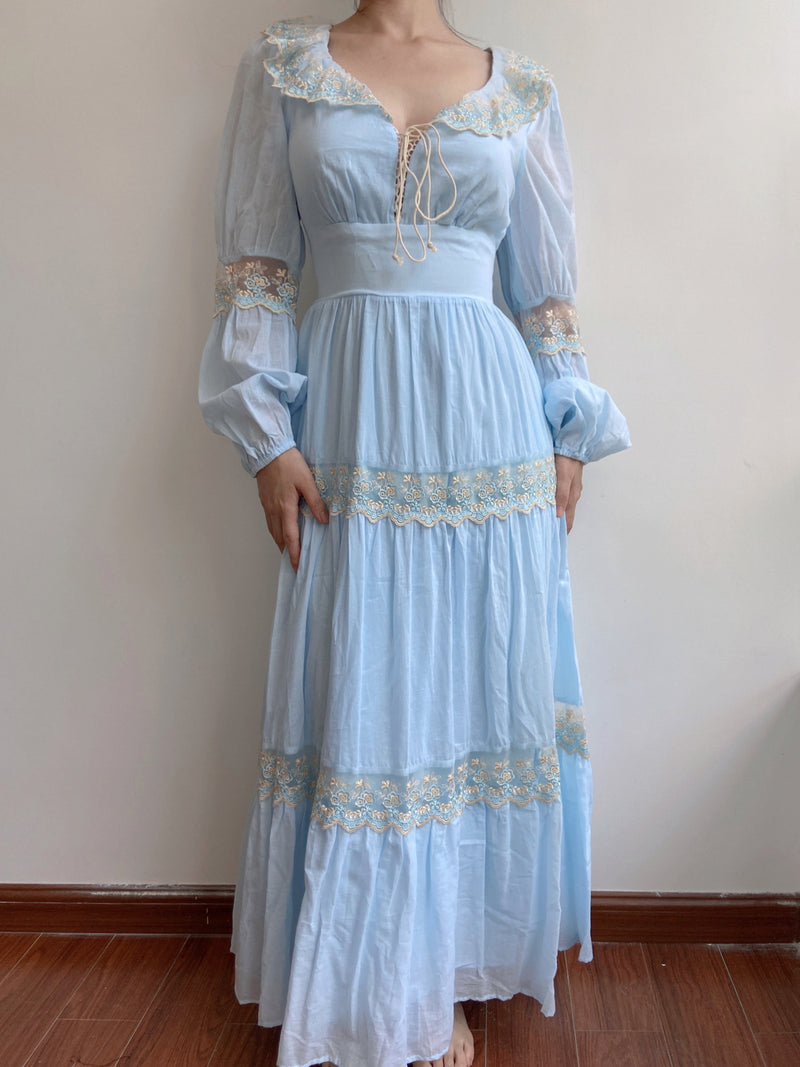 Flowy Blue Lace Ruffles Maxi Dress - Blue | VintageMist
