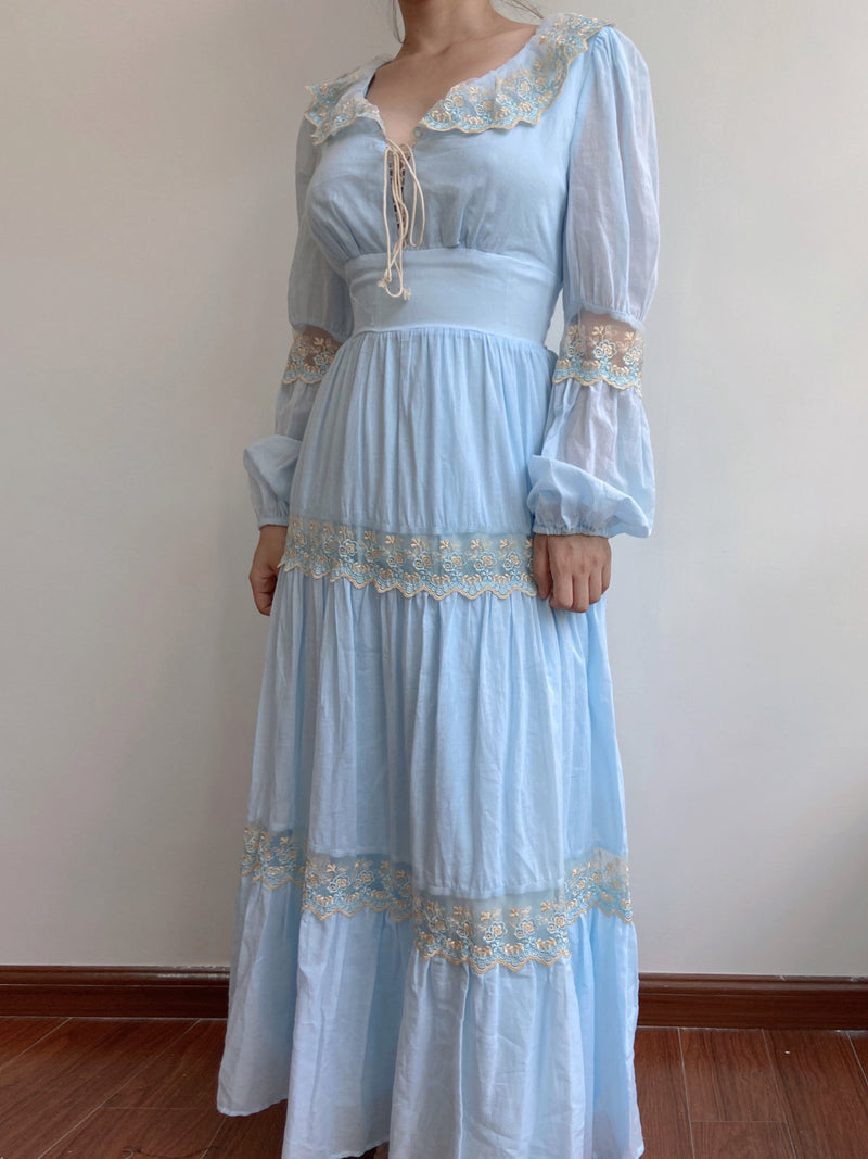 Flowy Blue Lace Ruffles Maxi Dress - Blue | VintageMist