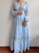 Flowy Blue Lace Ruffles Maxi Dress - Blue | VintageMist