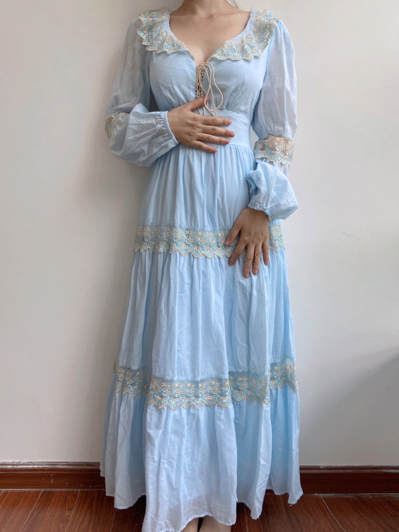 Flowy Blue Lace Ruffles Maxi Dress - Blue | VintageMist