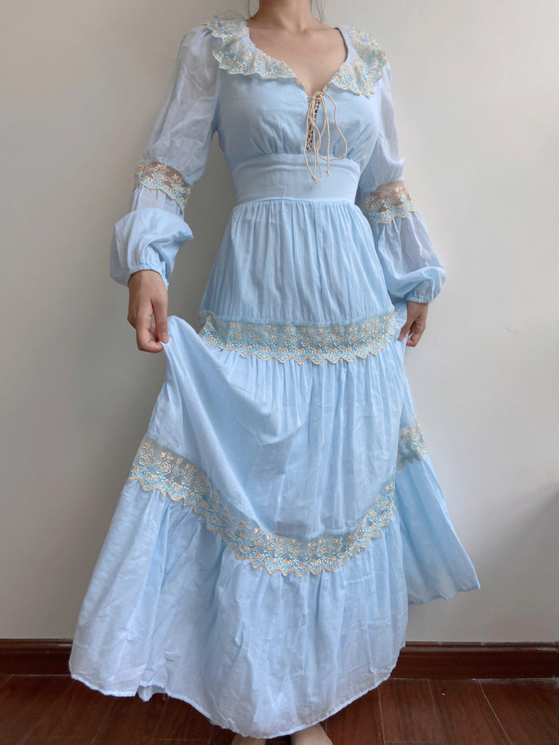 Flowy Blue Lace Ruffles Maxi Dress - Blue | VintageMist