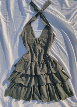 Front Lace-Up Ruffle Halter Mini Dress - Green | VintageMist