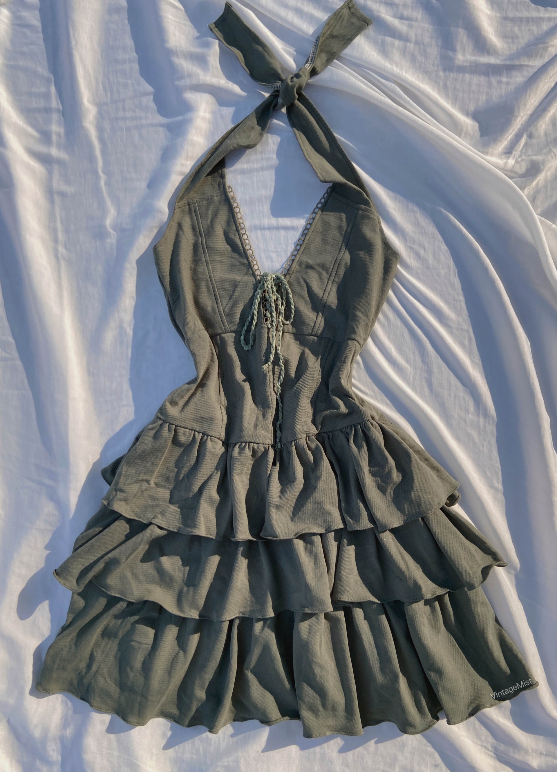 Front Lace-Up Ruffle Halter Mini Dress VintageMist Front Lace-Up Ruffle Halter Mini Dress VintageMist