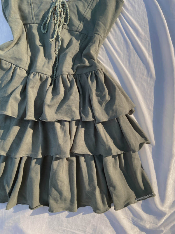Front Lace-Up Ruffle Halter Mini Dress - Green | VintageMist