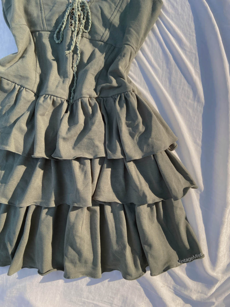 Front Lace-Up Ruffle Halter Mini Dress - Green | VintageMist