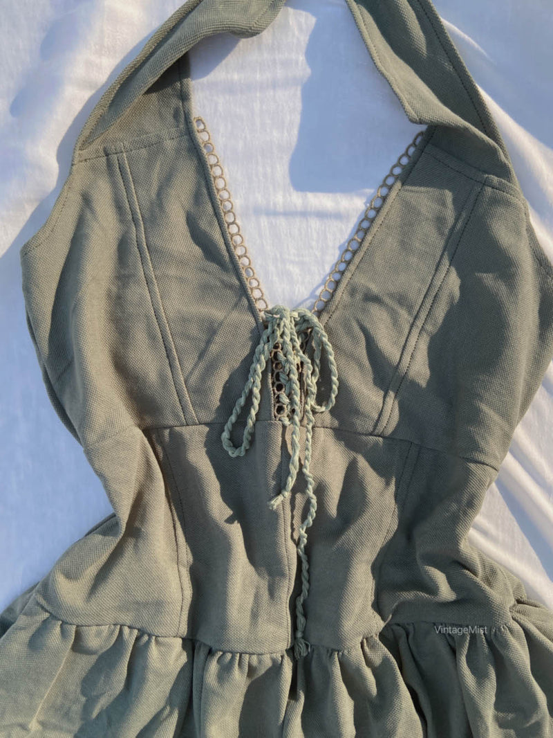 Front Lace-Up Ruffle Halter Mini Dress - Green | VintageMist