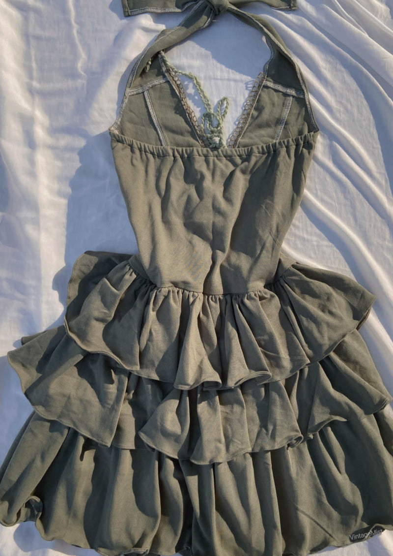 Front Lace-Up Ruffle Halter Mini Dress - Green | VintageMist