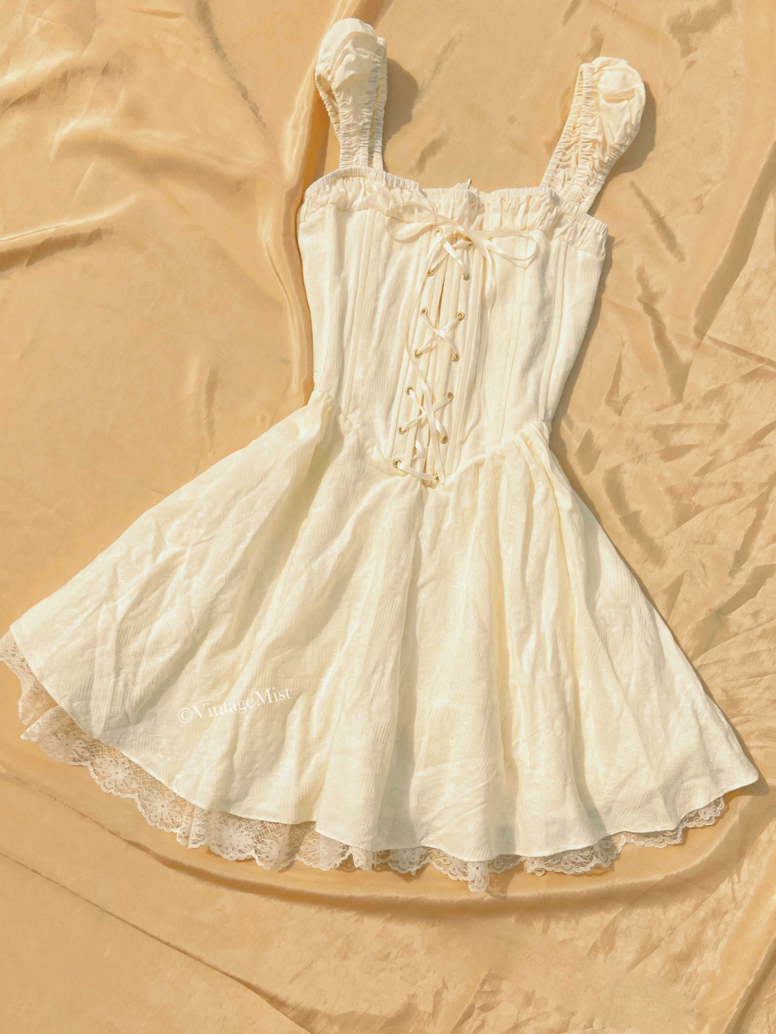 Front Lace-up Lace Trimmed Cotton Corset Mini Dress | VintageMist