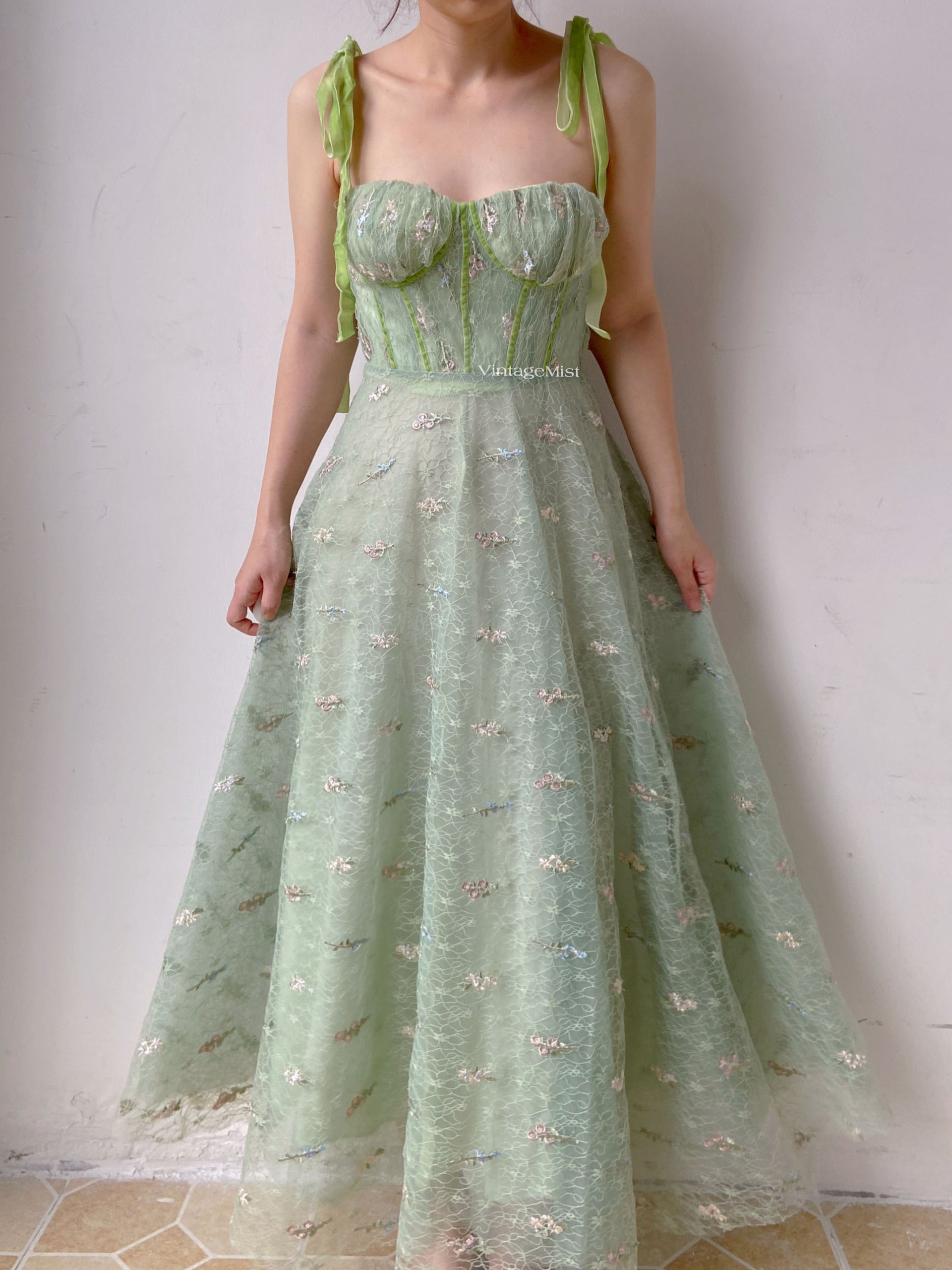green floral embroidered dress Green Tulle Prom Corset Dress with Floral Embroidery – VintageMist