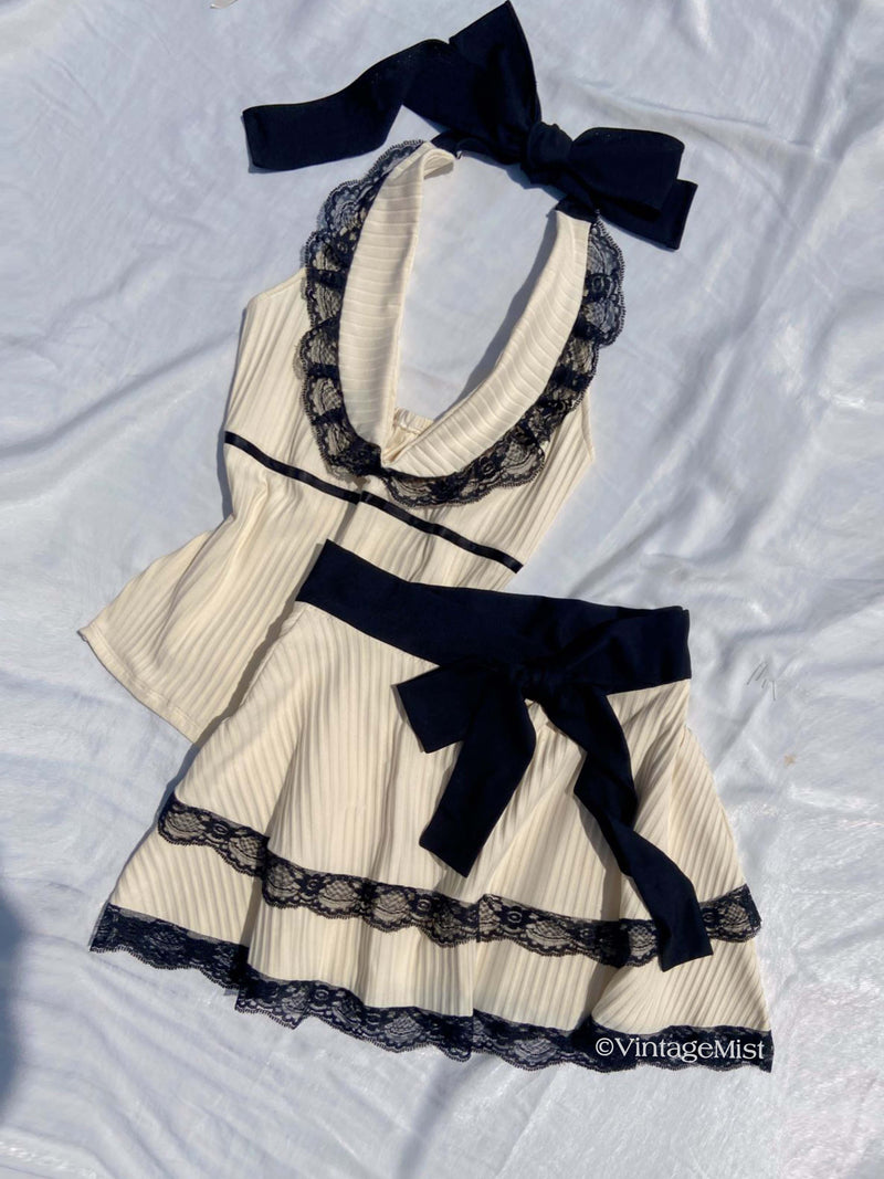 Halter Neck Top Lace Mini Skirt Outfit Set Color Block | VintageMist
