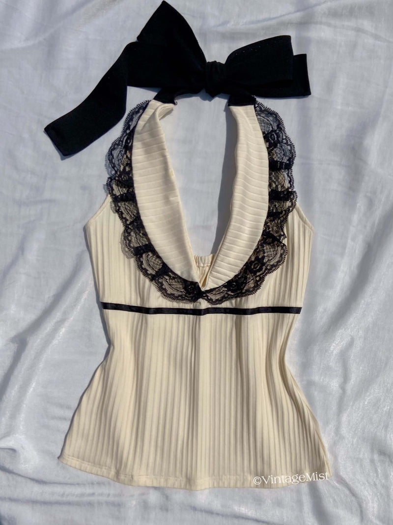 Halter Neck Top Lace Mini Skirt Outfit Set Color Block | VintageMist