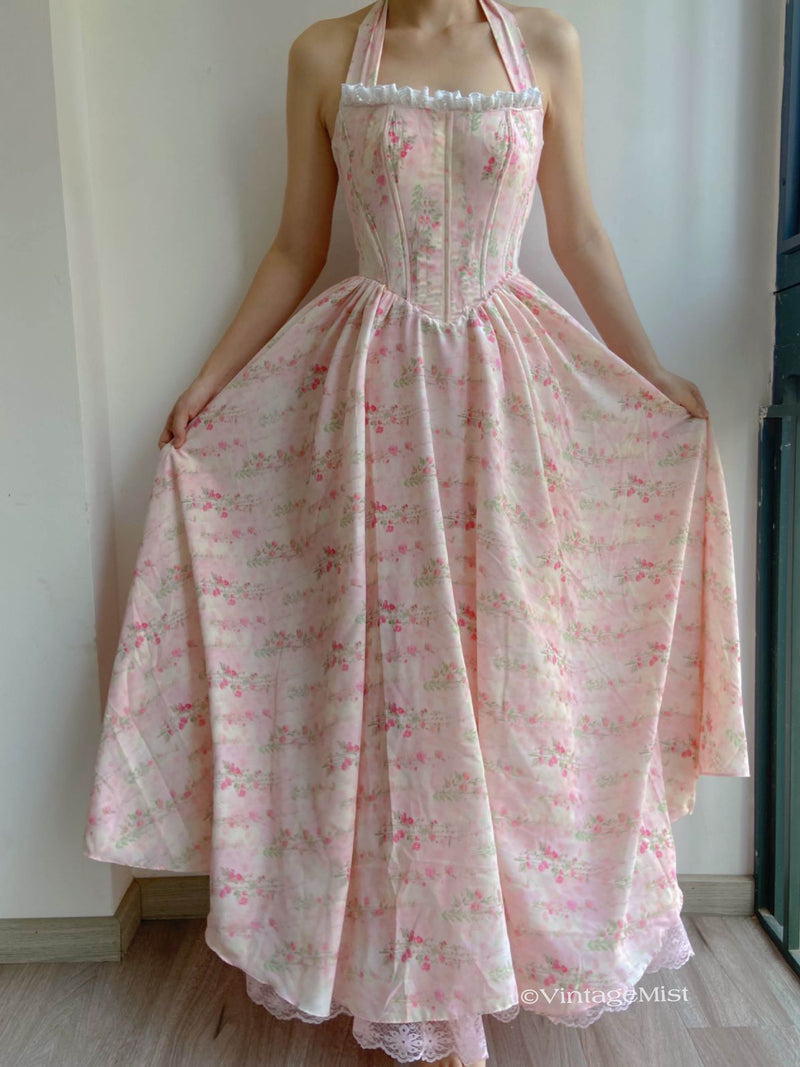 Halter Floral Print Ruched Lace Maxi Corset Dress - Pink | VintageMist