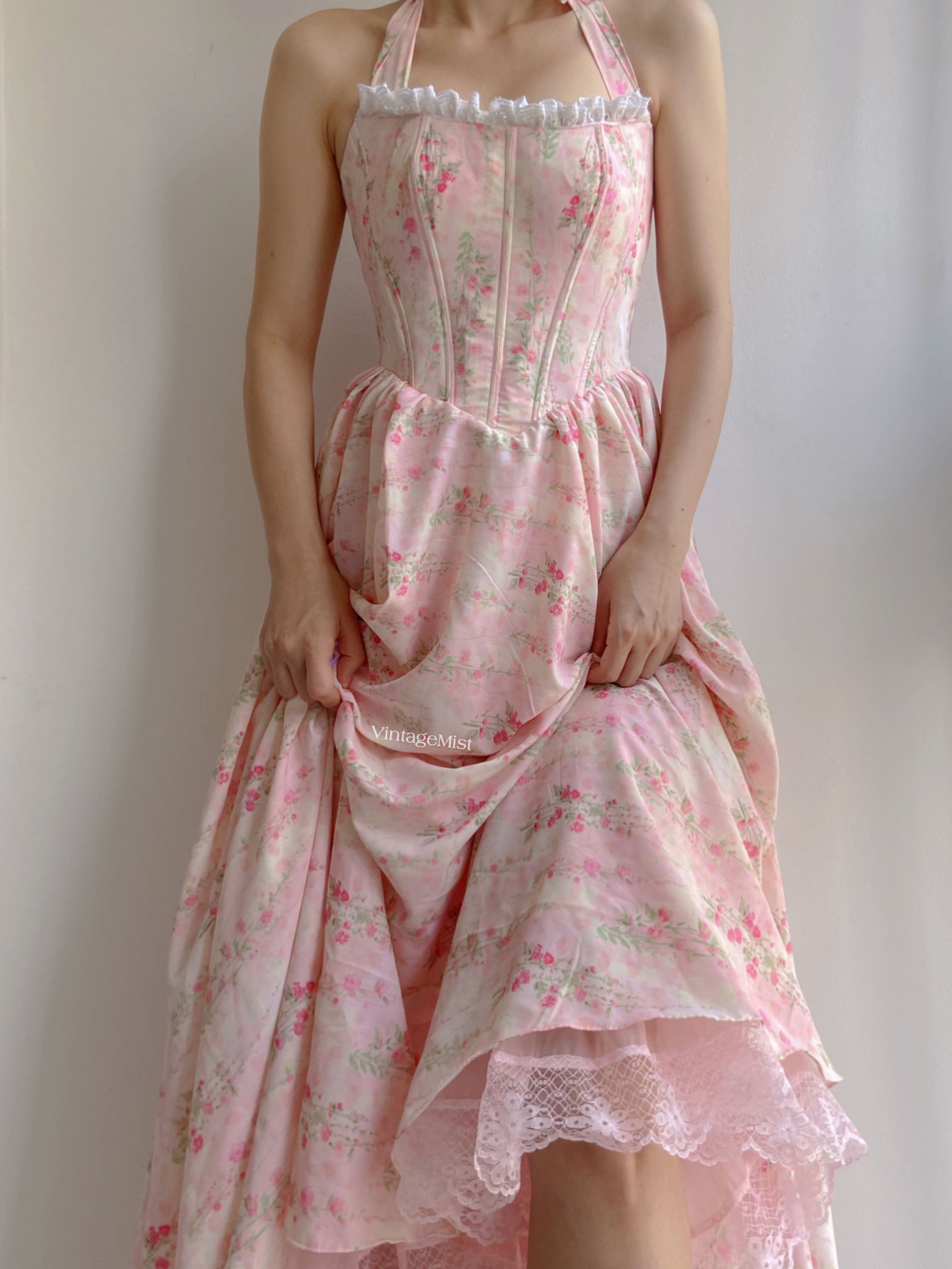 Halter Floral Ruched Lace Corset Swing Dress - Pink