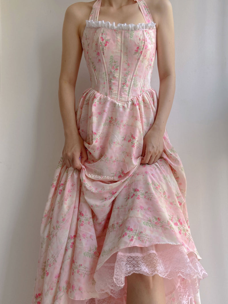 Halter Floral Print Ruched Lace Maxi Corset Dress - Pink | VintageMist