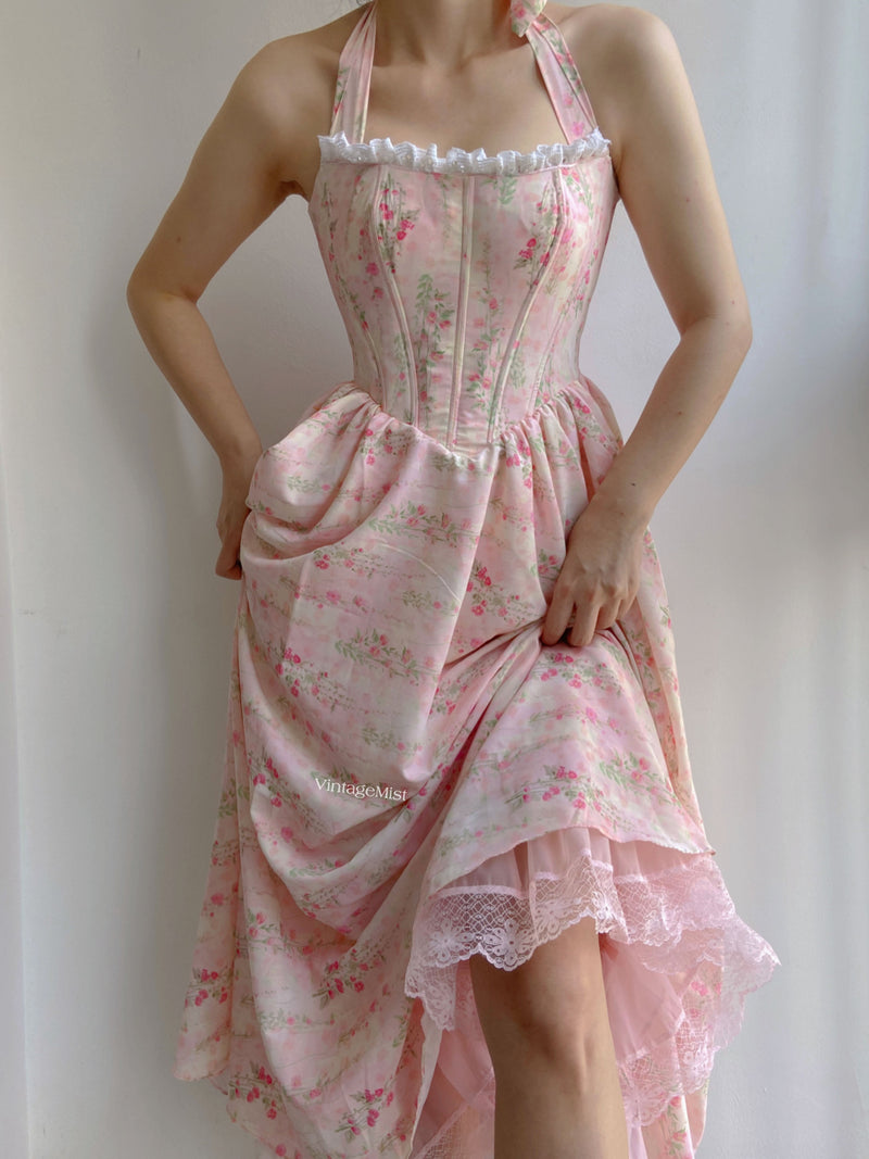 Halter Floral Print Ruched Lace Maxi Corset Dress - Pink | VintageMist