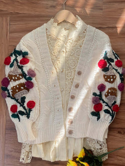 Hand Embroidery Rose Mushroom Crop Sweater Cardigan | VintageMist