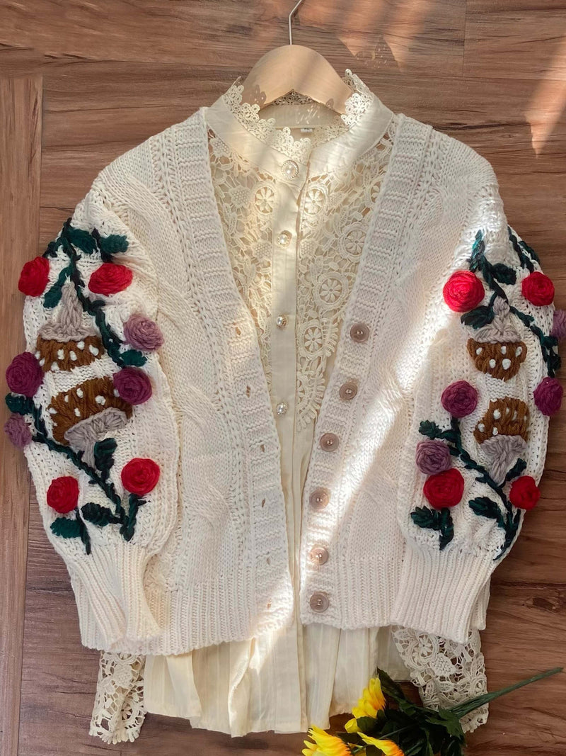 Hand Embroidery Rose Mushroom Crop Sweater Cardigan | VintageMist