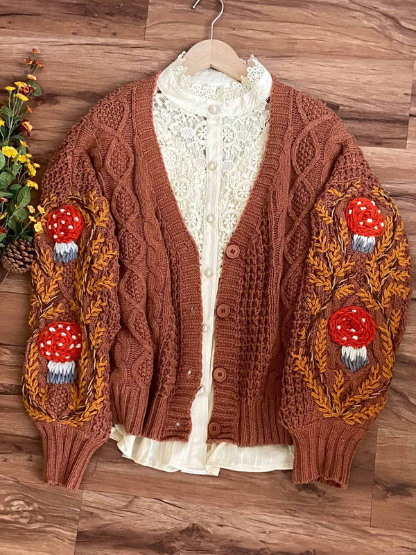 Handmade Cottagecore Mushroom Cardigan - Coffee | Vintagemist