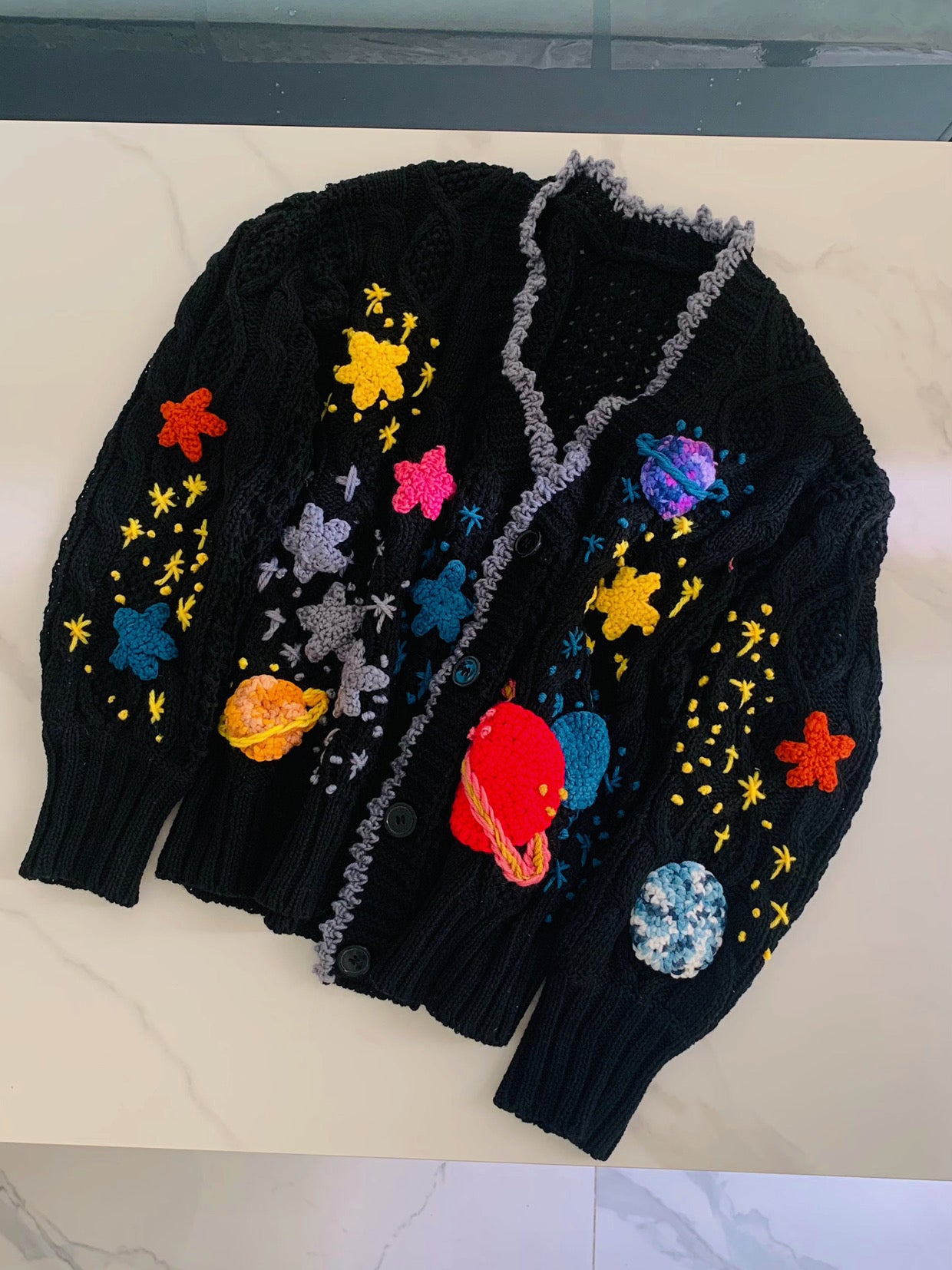 Handmade Stars Universe Planet Embroidery Cardigan-Black | VintageMist