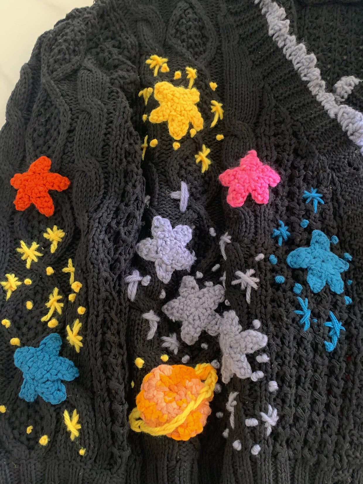 Handmade Stars Universe Planet Embroidery Cardigan-Black | VintageMist